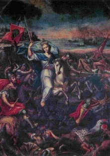 Canvas depicting the Madonna on horseback